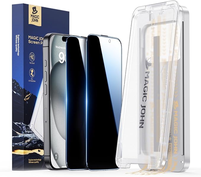 MAGIC JOHN 3rd Gen Upgraded for iPhone 15/iPhone 16 Privacy Screen Protector 6.1 Inch 25°Anti-Spy Screen Shockproof Tempered Glass Auto Dust-Removal Bubble Free Easy Installation 2 Pack