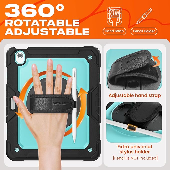 SEYMAC stock Case for iPad Air 13-inch M4-M2 2026-2024 (Gen 8-6) Shockproof Heavy Duty Case with Screen Protector Pencil Holder Rotating Stand Hand Strap Shoulder Strap SkyBlue