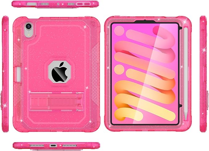 Case for iPad mini A17 Pro for iPad mini 7th/6th Generation Case 8.3 inch 2024/2021 with Pencil Holder/Stand Slim Cover for i Pad Mini 7/6 (Translucent Glitter Hot Pink)