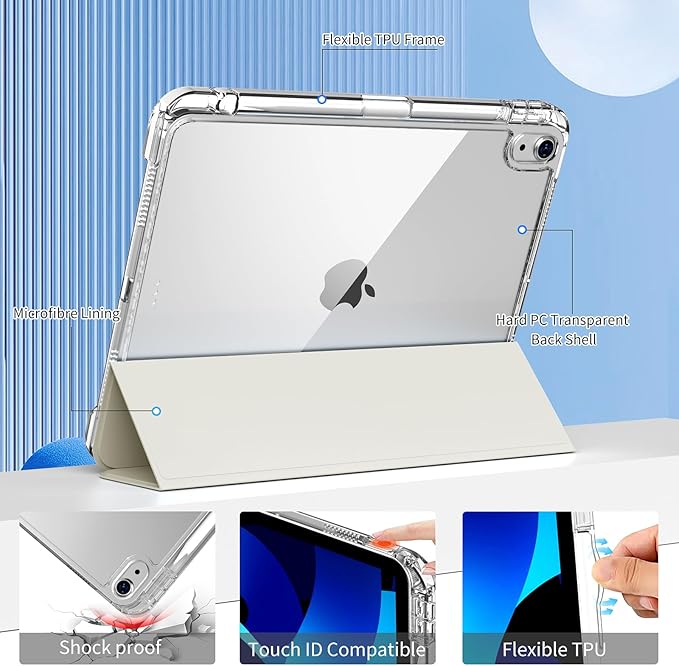 kenke Hybrid Case for iPad Air 11 Inch (M3) 2025 / (M2) 2024 iPad Air 5th/4th Gen 2022/2020 10.9 Inch with Pencil Holder Detachable Cover with Clear Hard Back Shell Auto Sleep/Wake Cream White