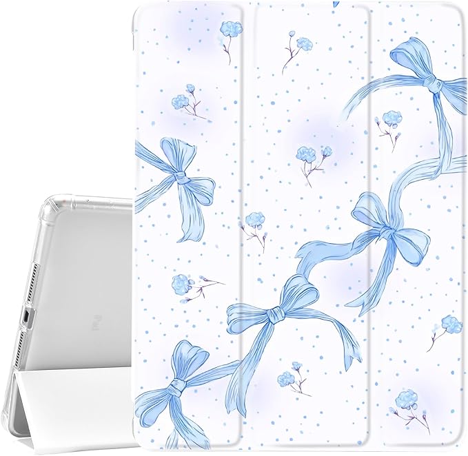 JOYLAND Blue Bow Case for iPad 9th/8th/7th Generation 10.2 inch (2021/2020/2019) with Pencil HolderTrifold Stand Protective Cover with Soft TPU BackWhite