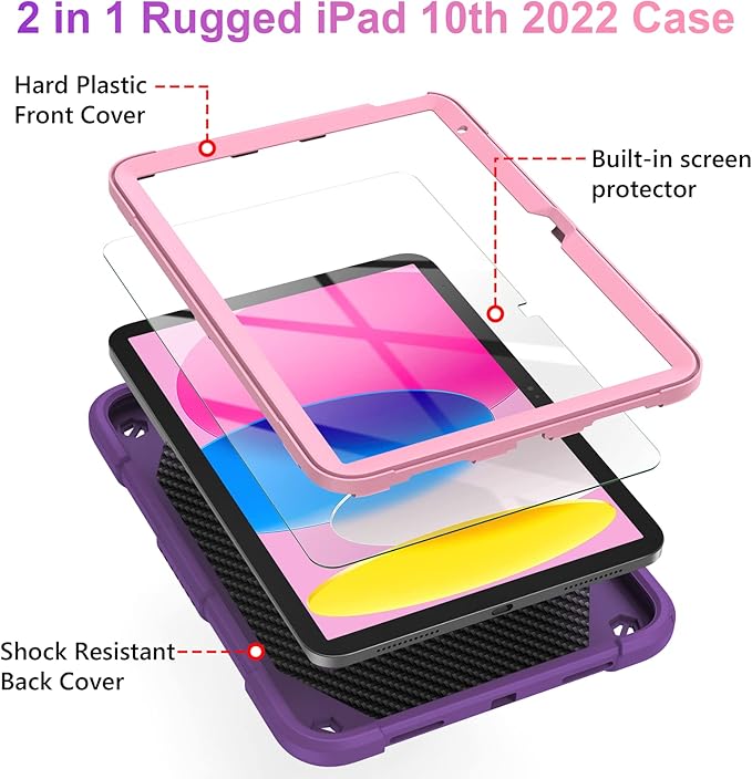 VOFUOE for iPad 10th Generation Case for Kids Girls 2022 10.9 Inch for iPad A16 Case 11th Generation 2025 with Screen Protector Shoulder Strap Butterfly Wings Stand Pencil Holder Rugged Cover-Purple