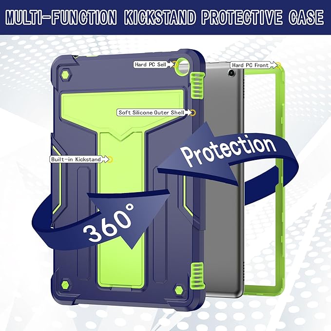 Case for Amazon Fire HD 10 Tablet 10.1 Inch Display (13th Generation 2023 Released) - Heavy Duty Hybrid Kickstand Case Cover + 1 Screen Protector and 1 Random Stylus (Navy Blue/Green)