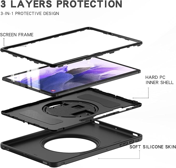 SaharaCase Protection Hand Strap Series Case Cover for Samsung Galaxy Tab S7 FE (2021) and S8 Plus (2022) [Shockproof Bumper] Heavy Duty Rugged Protection Antislip Integrated Kickstand - Black