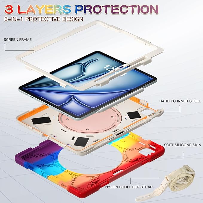 MEEgoodo Case for iPad Air 13 inch 2025 (M3) /2024 (M2) &amp iPad Pro 12.9 Case 6th/5th/4th/3rd Generation 2022 2021 2020 2018 Tablet Cover with Pencil Holder/Rotating Stand/Shoulder StrapColourful