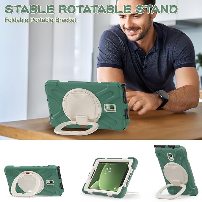 Rugged Case for Samsung Galaxy Tab Active5 5G (SM-X306B/X300) w/ 360° Rotating Hanging Ring Handle Grip Kickstand Heavy Duty Shock-Proof Armor Cover w/Shoulder Strap Stylus Holder (Green)