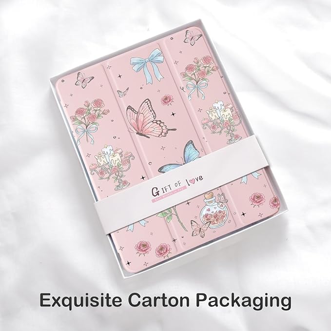 Cute Flower Butterfly for iPad mini 7 A17 Pro 2024/iPad Mini 6 Case with Pencil Holder Auto Sleep/Wake Pink Leather Soft TPU Back Cover