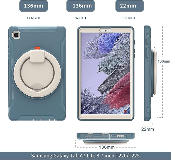 Shockproof Case for Samsung Galaxy Tab A7 Lite 8.7 Tablet Techcircle Rotating Stand Handle Heavy Duty Bumper Hybrid Cover Protective Case for Galaxy Tab A7 Lite (2021) SM-T220/T225 Cornflower Blue