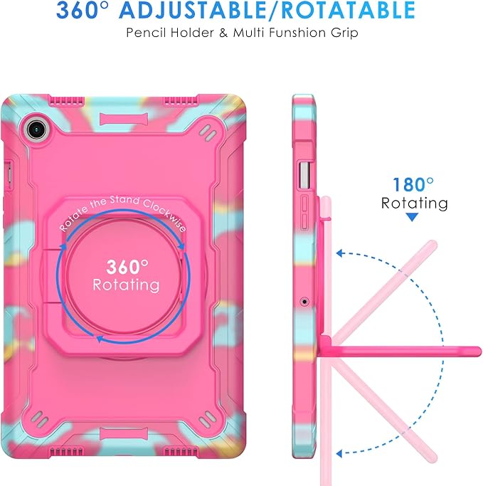DETUOSI Case for Samsung Galaxy Tab A8 10.5 inch 2022 Galaxy Tab A8 Shockproof Case with 360°Rotatable Stand &amp Shoulder Strap Heavy Duty Case for SM-X200/X205/X207 Camouflage Rose Red