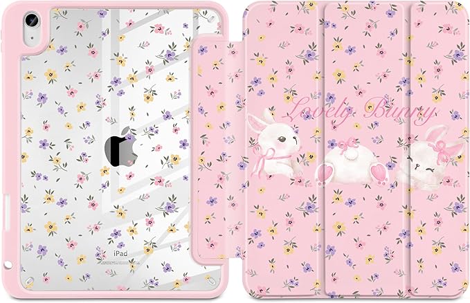 Case for iPad (A16) 11th Generation 11 inch 2025 /iPad 10th Gen 10.9 2022- Cute Patterns Light Pink Cover with Clear Back Shell Auto Wake Sleep Trifold Stand &amp Pencil Holder White Rabbit