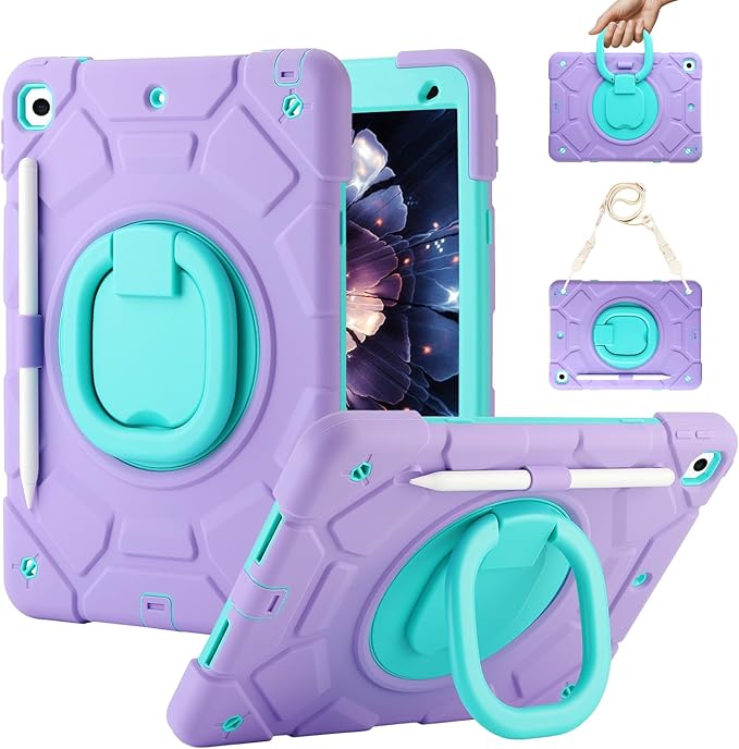 for iPad 9th/8th/7th Generation Case(2021/2020/2019)360°Rotating Handle Stand with[ Pencil Holder&ampShoulder Strap] Heavy Duty Shockproof Kids Cover for iPad 10.2 inch (Light Purple+Mint Green)