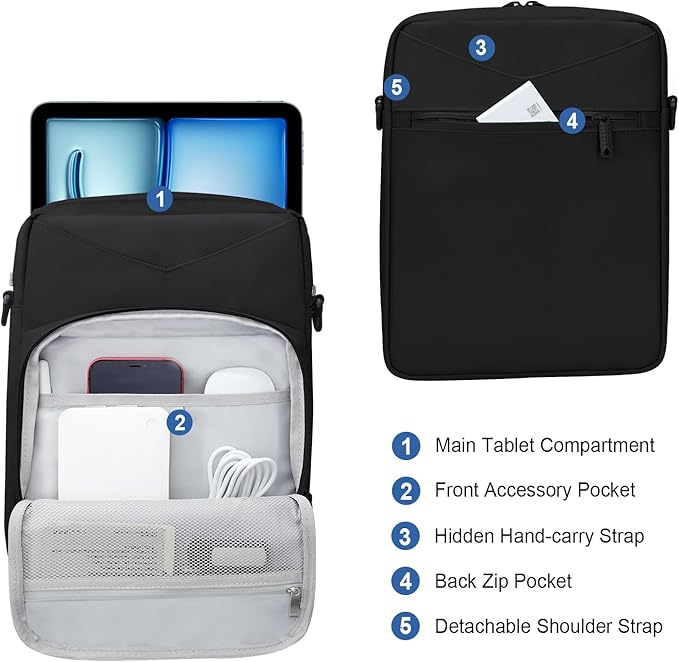 12.9 Inch Tablet Sleeve Bag Padded Travel Carrying Case for iPad Pro 13-in. (M4) iPad Air 13-in. (M2) Surface Pro 9 12.4 Galaxy Tab S9+ with Shoulder Strap (Black)