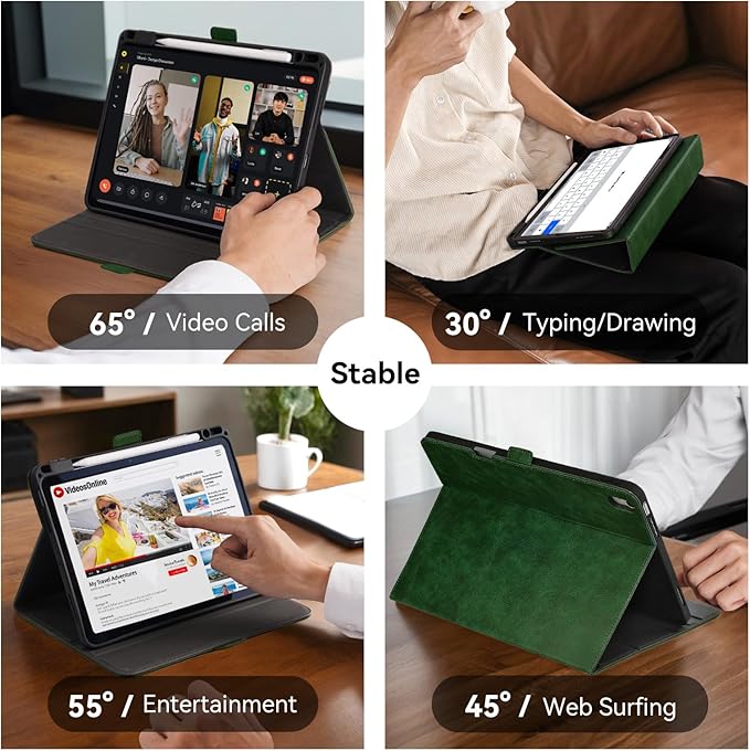 Case for iPad Air 11 Inch M4/M3/M2 (2026/2025/2024)iPad Air 5th/4th Generation 10.9'' Folio Cover with Pencil Holder PocketMagnetic ClosureMulti Angles StandAuto Sleep/WakeGreen