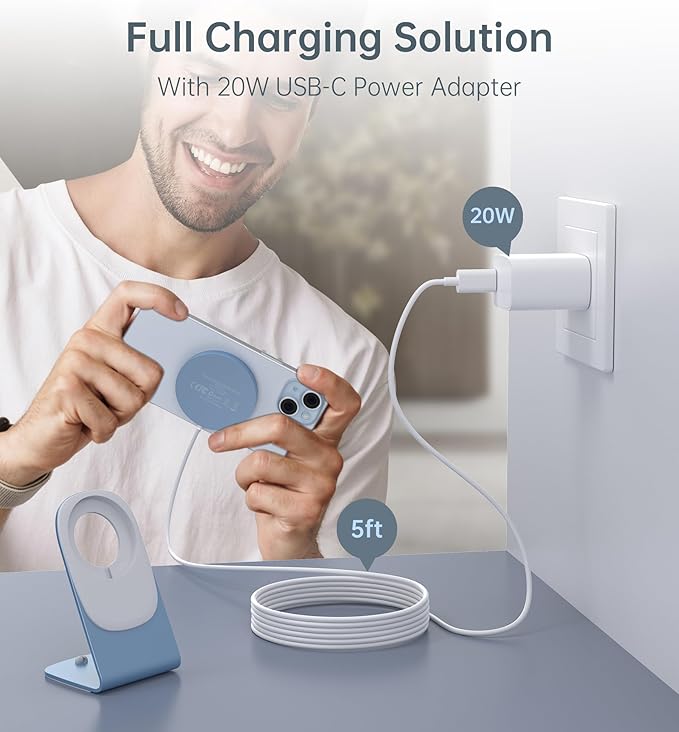 Magnetic Wireless Charger for iPhone 17/16/15/14/13/12 - Mag Charger+20W USB C Adapter Fast Wireless Charging Stand/Pad with 5ft Cable for iPhone 17/16/15/14/13/12 Pro Max Plus Mini 17 Air Blue