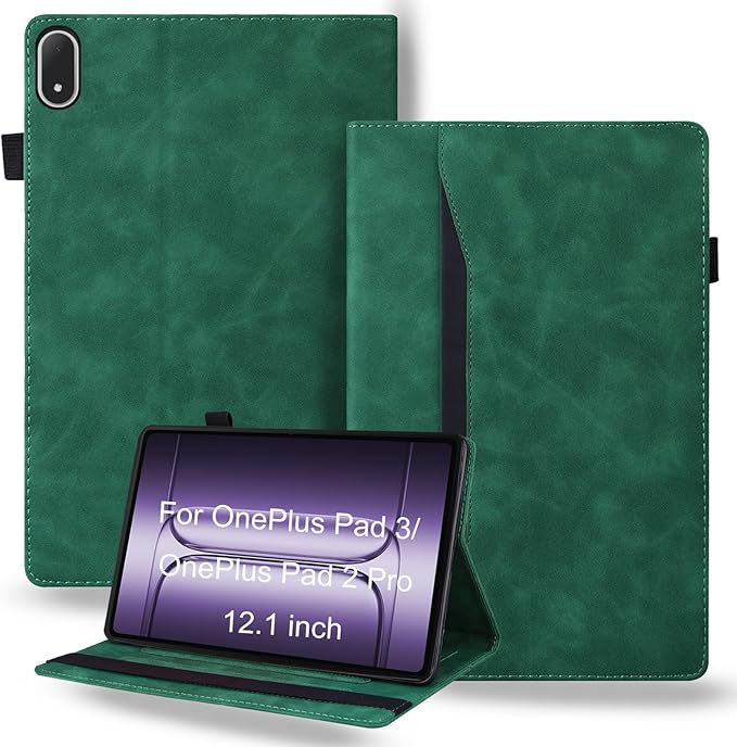 Shockproof Case for OnePlus Pad 3 / OnePlus Pad 2 Pro 13.2 inch Released 2025 - Retro PU Leather + TPU Hybrid Protective Cover with Anti-Slip Grip Strap &amp Card Slots -Green