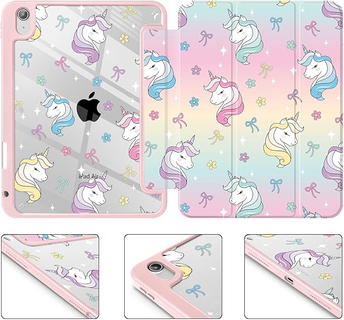 Case for iPad Air 11'' (M4 2026/M3 2025/M2 2024)/ iPad Air 10.9'' Air 5th /4th Gen Shockproof Cover with Clear Back Shell &amp Penceil Holder Auto Wake/Sleep Stand Cover Rainbow Unicorn