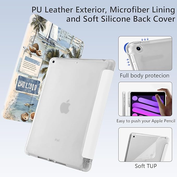 Sea Beach Newspaper for iPad Air 3 Case with Pencil Holder Auto Sleep/Wake White Leather Soft TPU Back Cover for iPad Pro 10.5 Inch 2017