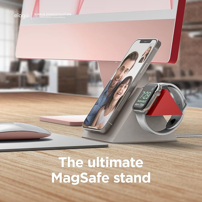 elago Charging Station Compatible with iPhone 17/16/15/14/13/12 Series Compatible with MagSafe Compatible with Apple Watch Series - Chargers are NOT Included [Stone/Red]
