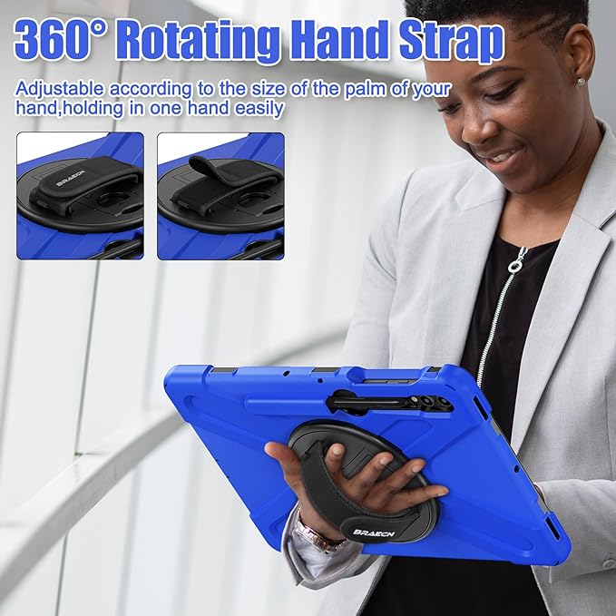 BRAECNstock Case for Samsung Galaxy Tab S10+ Plus/ S9 FE+ Plus/ S9+ Plus/ S8+ Plus/ S7 FE/ S7+ Plus 5G 12.4 inch Shockproof Protective Kids Cover with Pen Holder Rotating Hand Strap &amp Stand - Blue