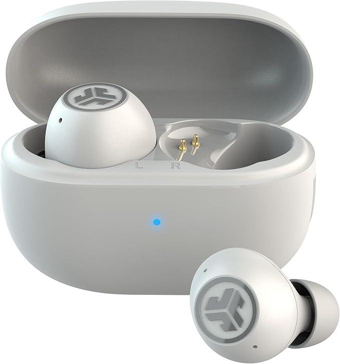 JLab Go Pop ANC True Wireless Earbuds &amp Charging Case Cloud White Active Noise Cancelling 10mm Drivers Dual Connect Customize Your Sound with App Be Aware Mode Compact Fit MEMS Microphone