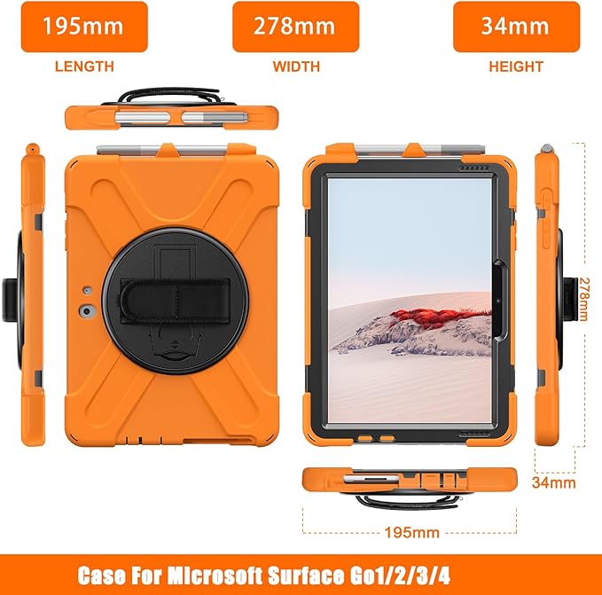 ZenRich Rugged Case for Surface Go with Pen Holder Heavy Duty Shockproof Case with Stand Hand Strap and Shoulder Belt - Orange