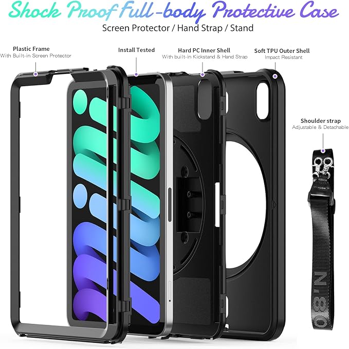 Timecity Case for iPad mini 7 (A17 Pro) 2024/ Mini 6 8.3'' - Heavy Duty Protective Cover with Screen Protector Rotating Stand Shoulder Strap &amp Pencil Holder Case for iPad mini 7th/6th Gen Black