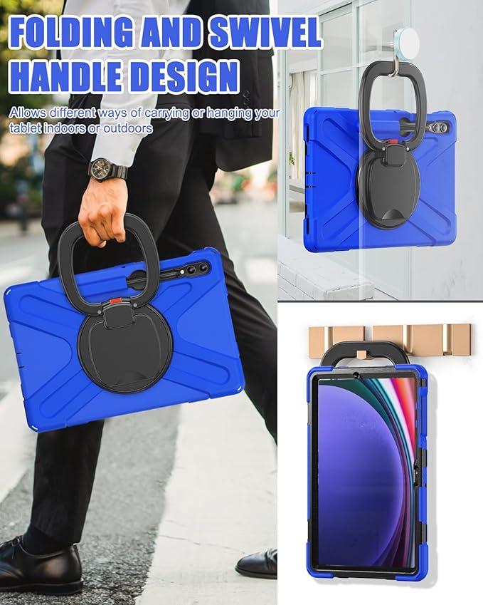 BRAECN Case for Galaxy Tab S10+/S9 FE+/S9+/S8+/S7 FE/S7+ 12.4 Inch SM-X820/X810/X800 Rugged Silicone Cover with Screen Protector Kickstand Shoulder Strap S Pen Holder for Galaxy Tab S9 Plus Blue