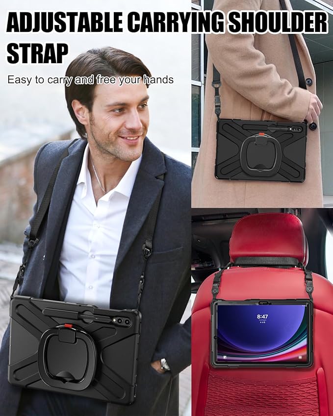 BRAECN Case for Samsung Galaxy Tab S10+/S9 FE+/S9+ Plus 12.4 Inch Heavy Duty Silicone Case with Screen Protector S Pen Holder Stable KickstandShoulder Strap for Galaxy Tab S8+/S7 FE/S7+ Black