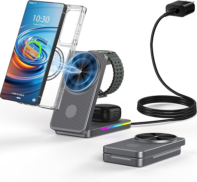 Wireless Charger for Samsung 3 in 1 Charging Station for Samsung - Magnetic Android Charging Station for Galaxy S26 Ultra/Z Fold/Flip &amp Buds4 Pro - Nightstand Organizer &amp Bedside Charger for