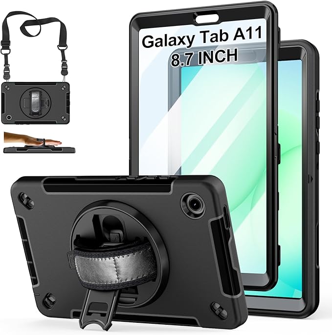 Case for Galaxy Tab A11 8.7 Inch: TPU Samsung Tablet A11 Cover 2025 with 360° Rotating Stand- Screen Protector -Hand Strap - Shoulder Strap - Pencil Holder - Black