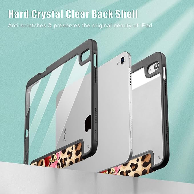 May Chen Slim Case for iPad mini 7 (A17 Pro 7th Generation) 2024 / iPad mini 6 (6th Gen) 8.3 Inch [Built-in Pencil Holder] Shockproof Cover Clear Clear Back Shell Auto Wake/Sleep Cherry &amp Cheet