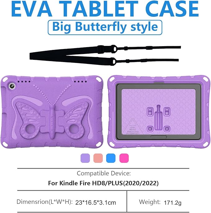 for Kindle Fire HD8 (2020/2022) Kids Girl Tablet Case Butterfly Wings Kickstand EVA Material Light Weight Shockproof Rugged Heavy Duty Kids Case for Kindle Fire HD8 Plus (2020/2022) (Violet)
