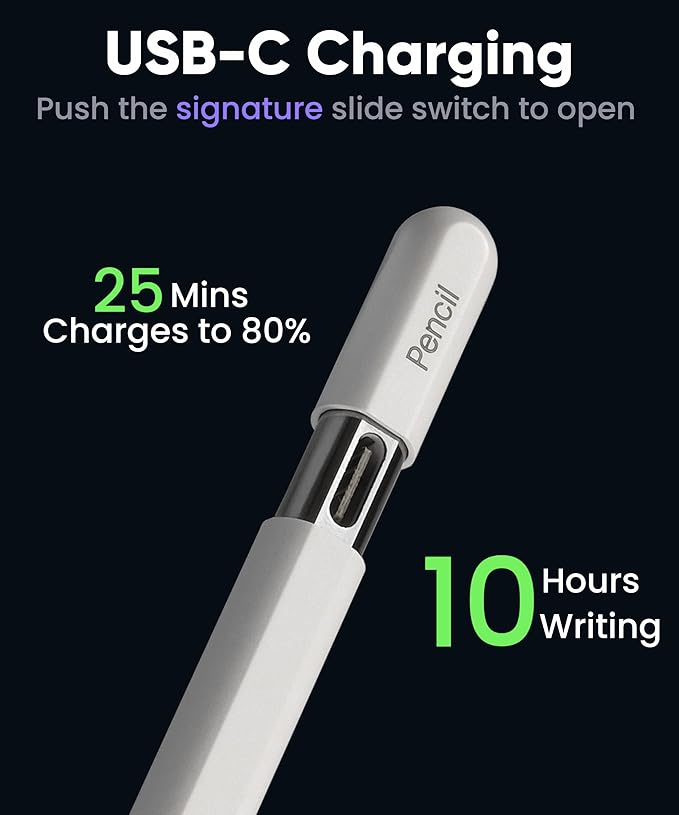 Pencil USB-C for iPad(2018-2025): Magnetic Wireless Charging- Only for iPad Pro 11(1-4th) 12.9(3-6th) Air(4/5th) Mini 6. Slide-Switch Hidden-Port Stylus with Tilt Control &amp Palm Rejection