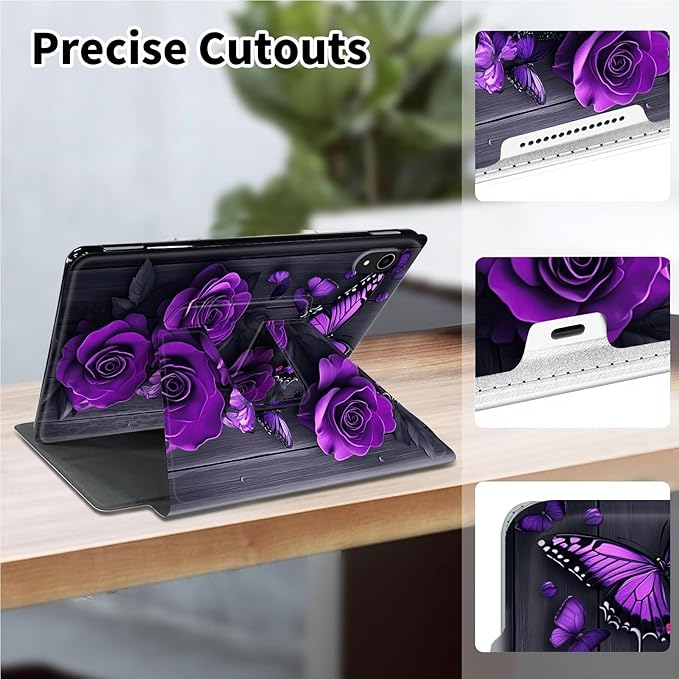 Case for iPad (A16) 11th Generation 11 Inch (2025)iPad 10th Generation 10.9 Inch (2022)360 Degree Rotating Multi-Angle Viewing Case with Auto Sleep/Wake-Purple Rose Butterfly