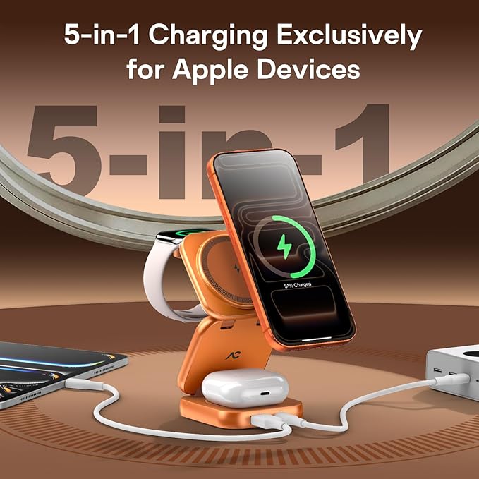 5-in-1 Wireless Charger for MagSafe AC ISLAND Portable Travel Charging Station 35W Max Fast Foldable Magnetic Stand Evolved for iPhone 17-12 &amp Air Series Apple Watch AirPods (with 35W Adapter