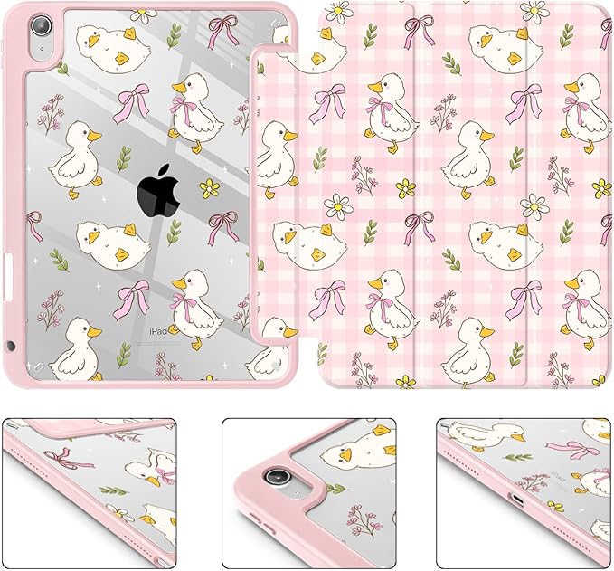 Case for iPad 11 inch A16 2025 Generation 11th / iPad 10.9 inch 2022 10th Gen Buit in Pencil Holder with Shockproof Cover Clear Transparent Back Shell Auto Wake/Sleep Duck &amp Bow