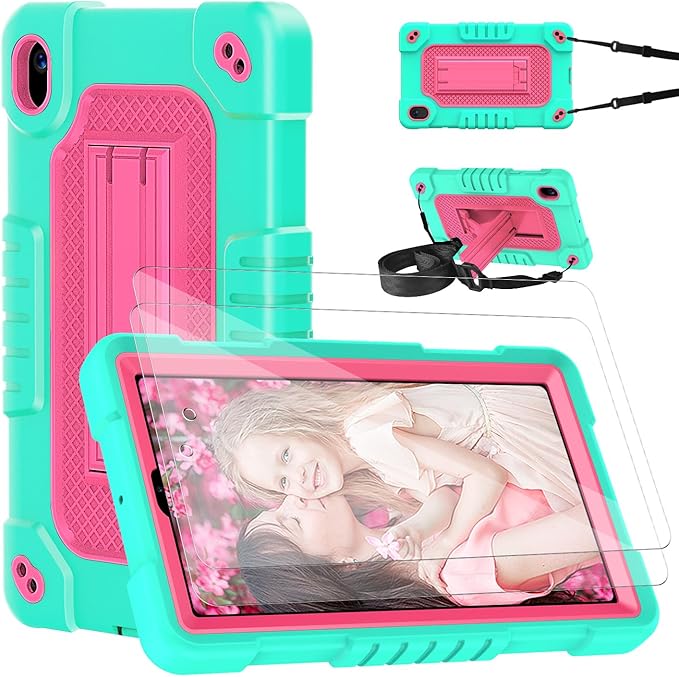 Shockproof Case for Walmart Onn 7 inch Tablet Case (2024 Model 100135924) Rugged Kids Friendly Case with Screen Protector Shoulder Strap Kickstand for Onn 7 4th Gen 2024 Model (GreenPink+2Pcs)