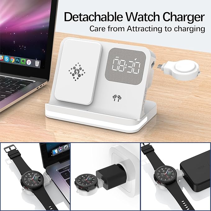 Digital Alarm Clock 3 in 1 Multifunctional Wireless Charger Compatible with Huawei/iPhone/Samsung Phone/Watch/Earphone Fast and Safe Charging with LED Night Light (White Samsung(Watch))