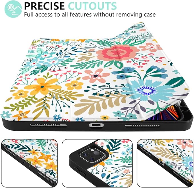 DONGKE Case for iPad Pro 12.9 inch 6th Generation 2022 Built-in Pencil Holder + Trifold Stand + Auto Wake/Sleep + Protective Cover for iPad Pro 12.9 5th/4th/3rd Gen - Flower