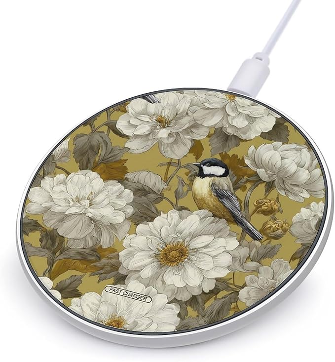 Bird Peony Flowers Phone Charger Magnetic Charging Pad Anti-Slip with USB Cable
