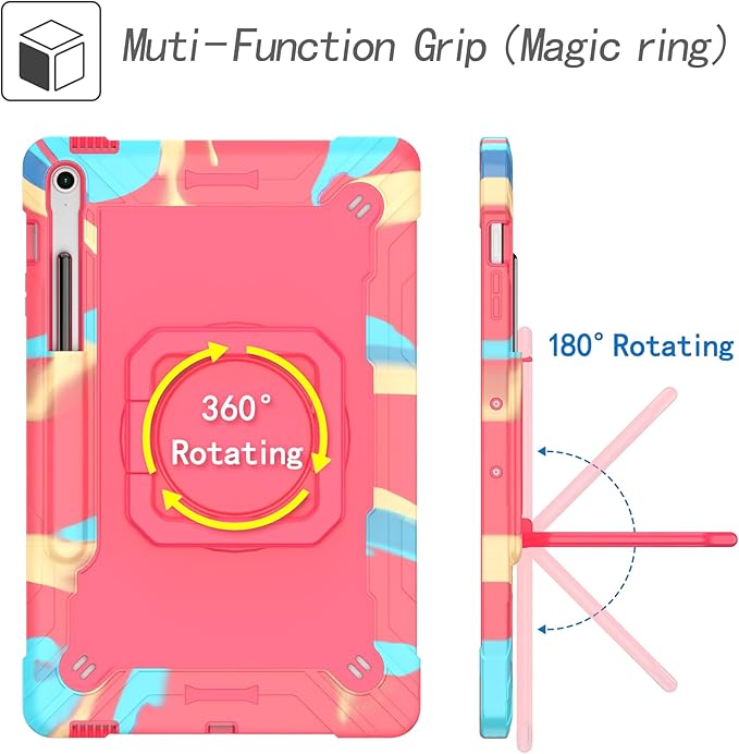 DETUOSI Case for Samsung Galaxy Tab S10 FE Plus 13.1 inch 2025 with Pencil Holder Heavy Duty Shockproof Case with Rotatable Stand &amp Shoulder Strap Camouflage Rose Red