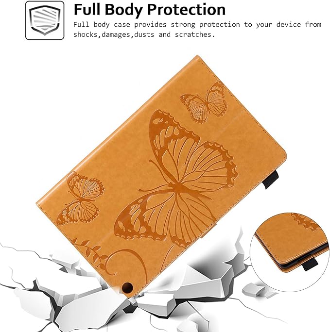 Wallet Case for Fire HD 10 (9th/7th/5th Generation 2019/2017/2015) Techcircle Butterflies Embossed Stand Folding Cover with Card/Cash Holder for Amazon Fire HD 10.1 Tablet Auto Sleep/Wake Ochre