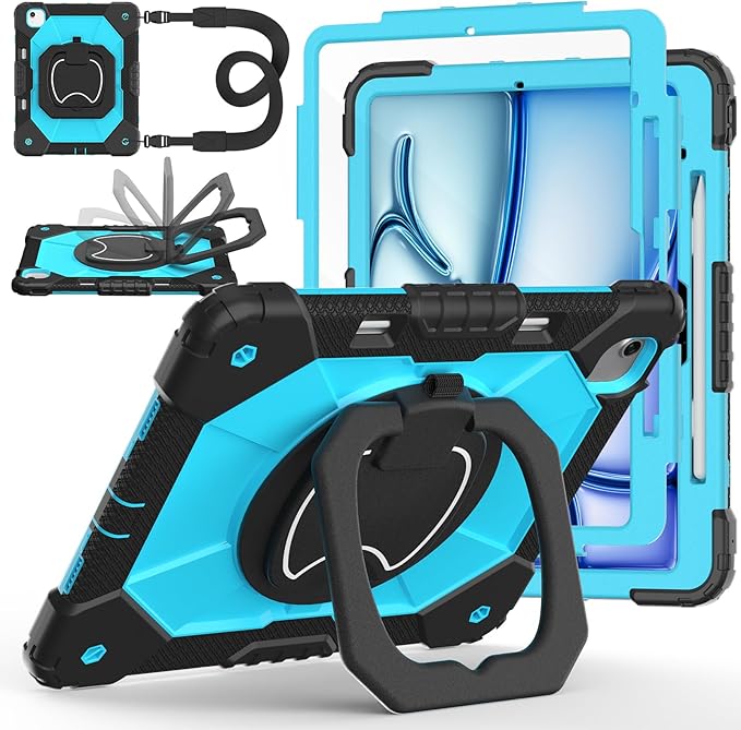 Case for iPad Air 13 Inch Case M4 2026/M3 2025/ M2 2024 Auorld for iPad Air 13 Inch Case M4 2026 Case with Screen Protector 360 Degree Rotating Stand Shoulder Strap Pencil Holder Black Blue