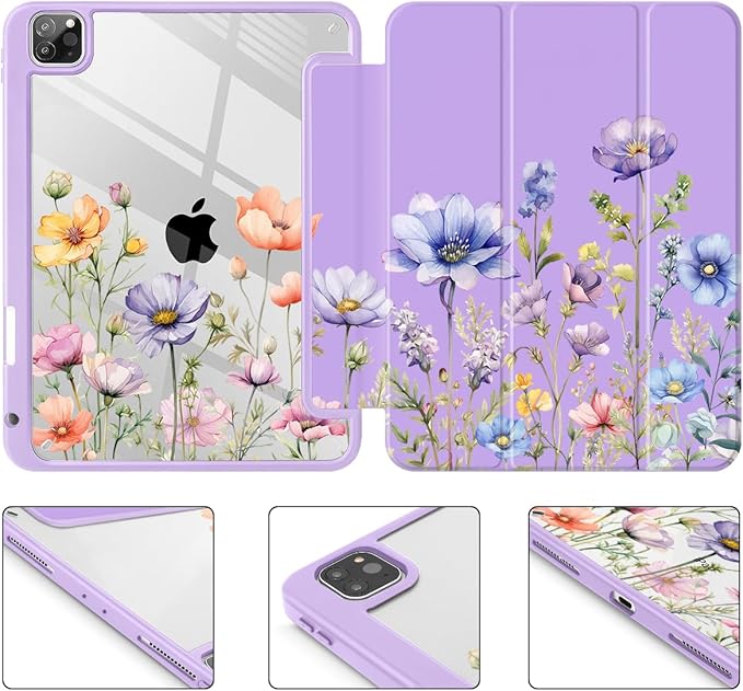 May Chen for iPad Pro 11 inch M2 4th Generation 2022 iPad Pro 11 3rd/2nd/1st Gen Case with Transparent Shockproof Back Cover [Built-in Pencil Holder Auto Sleep/Wake Purple Wild Flowers
