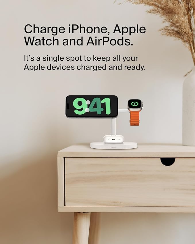 Belkin MagSafe-Compatible Charger 3-in-1 Wireless Charging Station Qi2-Certified 15W Wireless Charge for Apple iPhone 17 Series Apple Watch AirPods w/Non-Slip Base 40W Included - Black