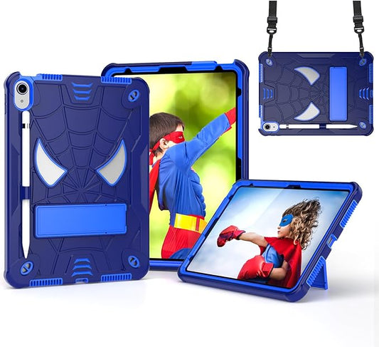 Dteck for iPad A16 Kids Case BoysCute Cartoon Spider Child Friendly Hard Kickstand Cover with Pencil Holder Shoulder Strap Shockproof Rugged Protective 10.9 10 Gen Cool CaseNavy/Blue