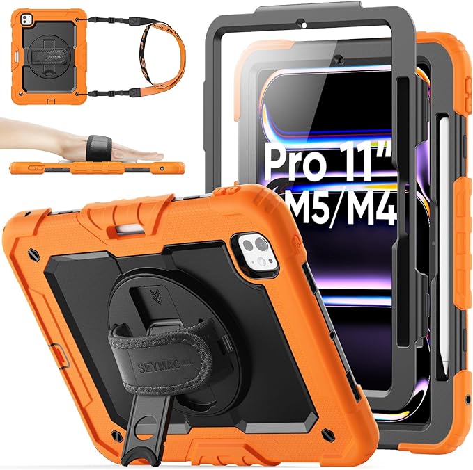 SEYMAC stock Case for iPad Pro 11-inch M5-M4 2025-2024 Shockproof Heavy Duty Case with Screen Protector Pencil Holder Rotating Stand Hand Strap Shoulder Strap Orange
