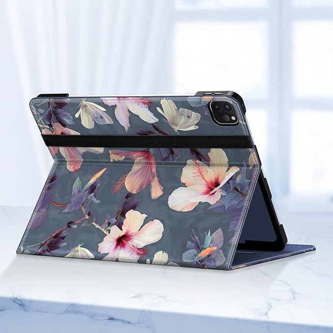 Fintie Folio Case for iPad Pro 12.9 6th Generation 2022 Multi-Angle Smart Stand Cover w/Pencil Holder &amp Pocket Also Fit iPad Pro 12.9 2021 5th &amp 2020 4th &amp 2018 3rd Gen Blooming Hibisc