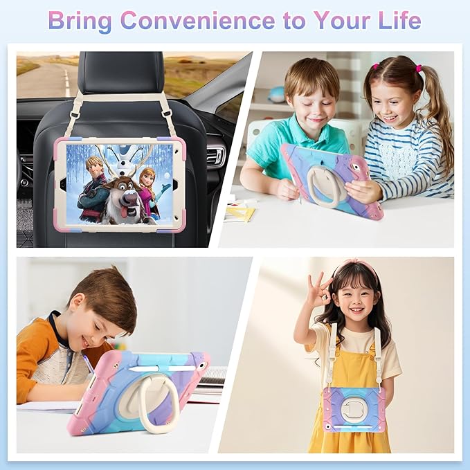 for iPad 9th/8th/7th Generation Case(2021/2020/2019)360°Rotating Handle Stand with[ Pencil Holder&ampShoulder Strap] Heavy Duty Shockproof Kids Cover for iPad 10.2 inch (Colorful Pink)