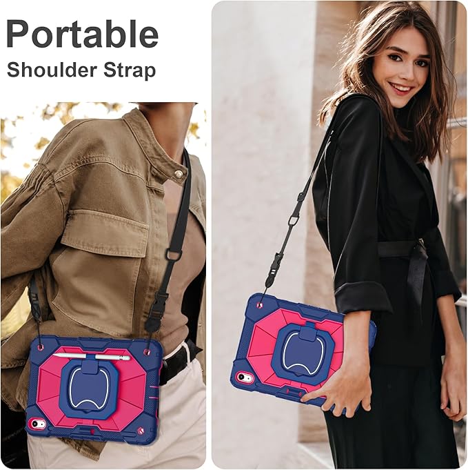 Case for iPad (A16) 11th Generation 11 Inch (2025) / iPad 10th Generation Case 10.9 Inch (2022) with 360° Rotating Stand Screen Protector Pen Holder Shoulder Strap Navy Pink